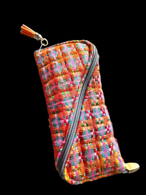 Silk glasses case in orange/pink/blue/yellow.